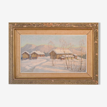 Post impressionist swedish snowscape with soft golden light