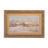 Post impressionist swedish snowscape with soft golden light