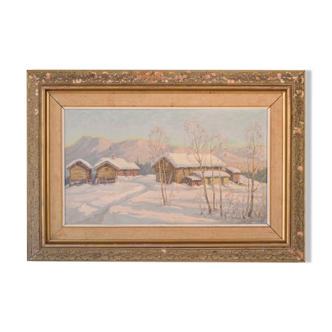 Post impressionist swedish snowscape with soft golden light
