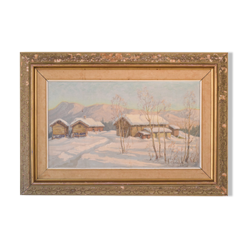 Post impressionist swedish snowscape with soft golden light