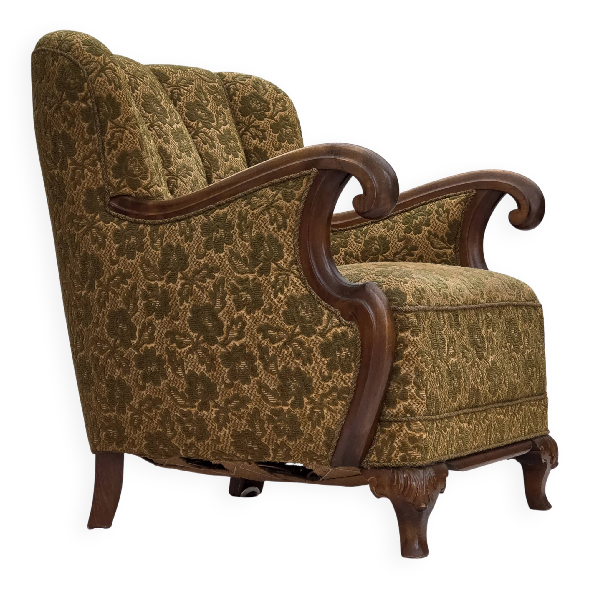 1950s, Danish armchair, furniture wool, hand carved oak wood.