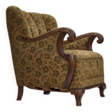 1950s, Danish armchair, furniture wool, hand carved oak wood.