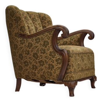 1950s, Danish armchair, furniture wool, hand carved oak wood.