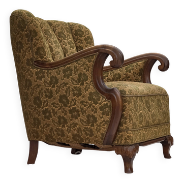 1950s, Danish armchair, furniture wool, hand carved oak wood.