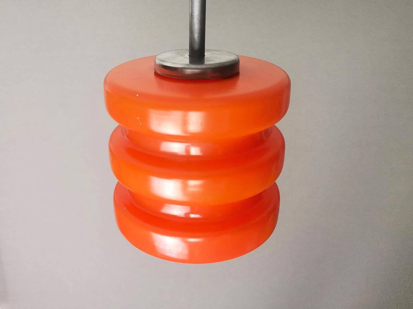 Pair Mid Century Modern MCM orange glass hanging lamps