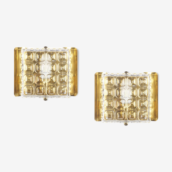 Brass an pressed glass square wall lamps by Carl Fagerlud for Orrefors, 1960