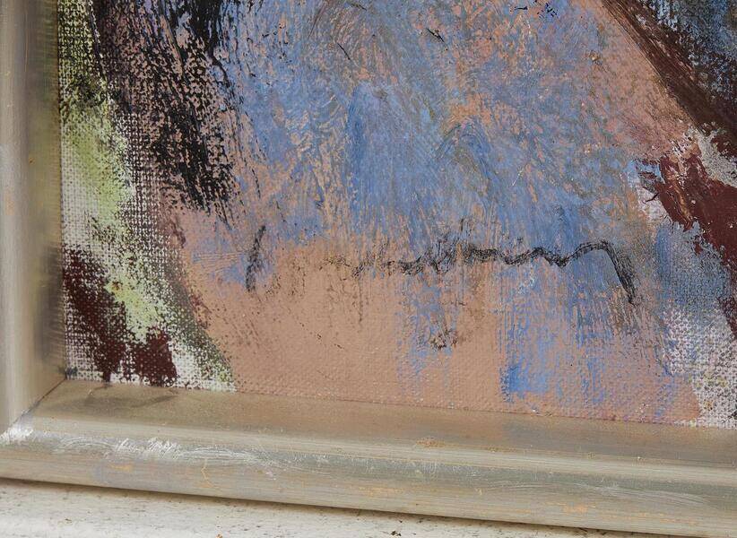 Original mid-century Swedish oil on panel – “Tree Trunks” by Harry Wichmann – dated 1953 – vintage & framed – 69 × 71 cm