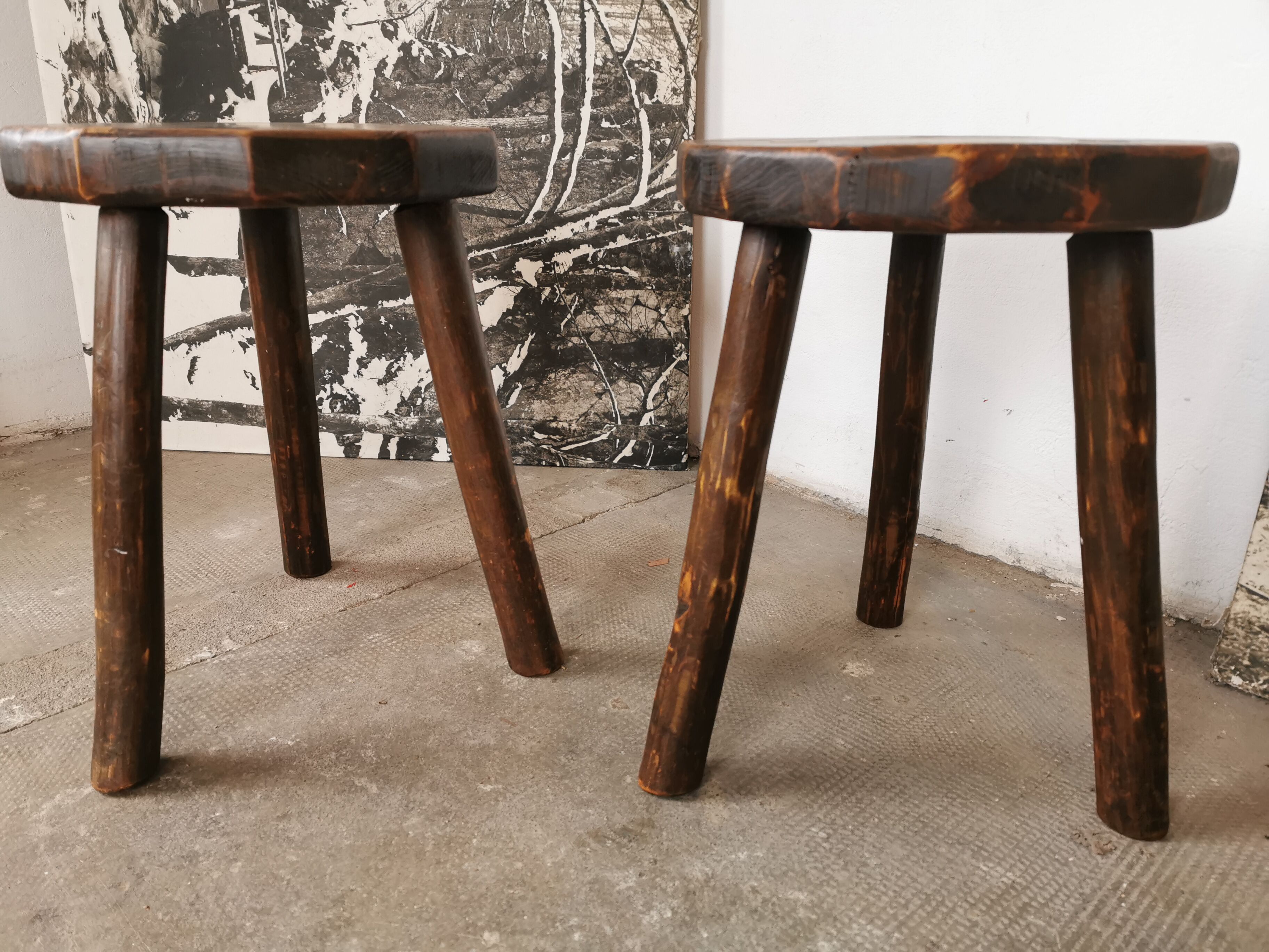 Pair of brutalist wooden stools