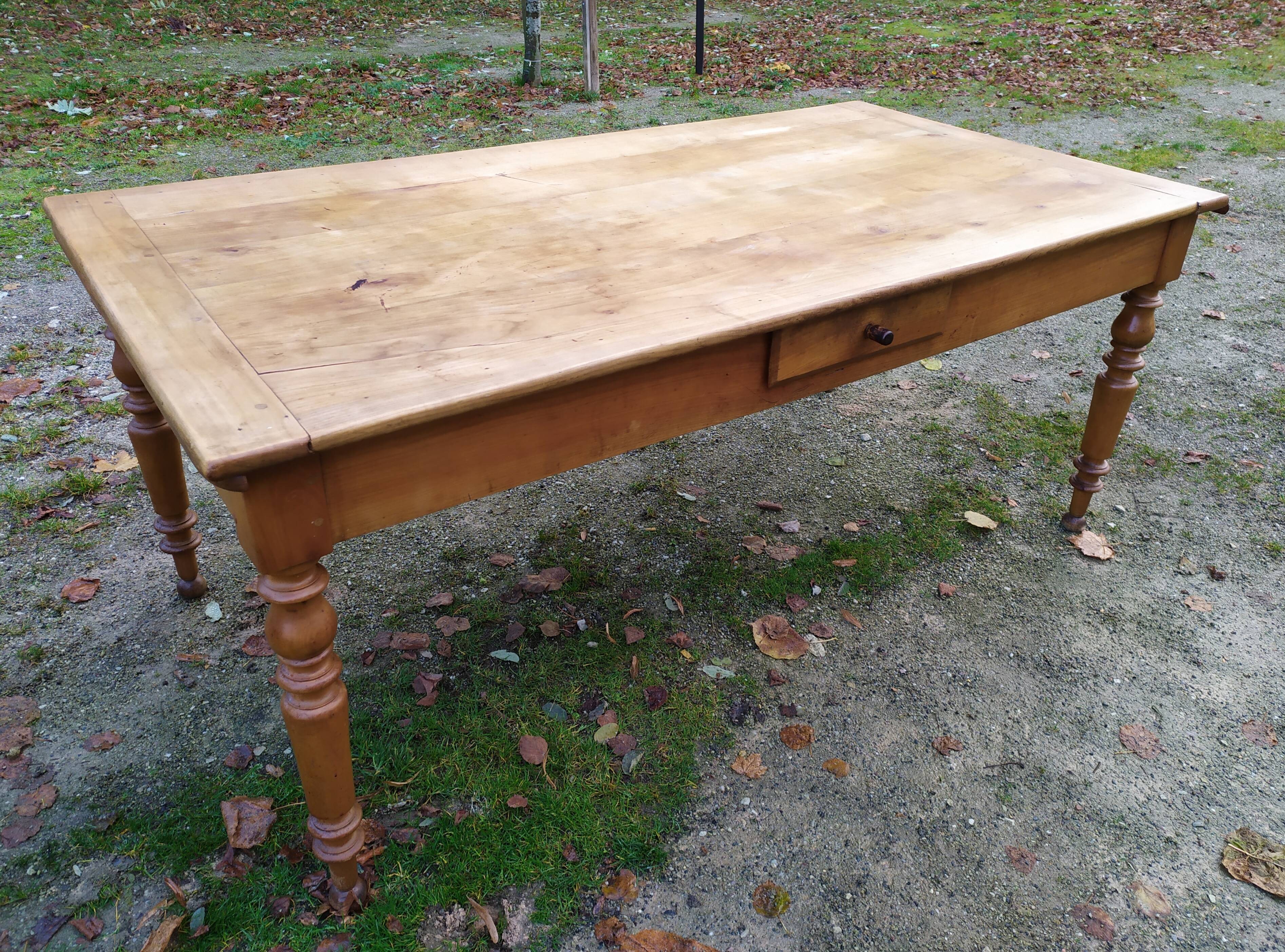 Cherry farm table, turned legs, 2 extensions