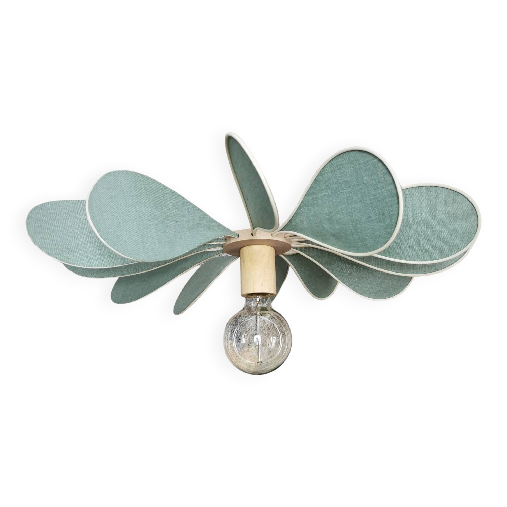 12-blade propeller suspension in rattan and celadon green linen