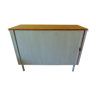 Storage furniture, small vintage buffet, metal feet, curtain door patinated gray pearl oak tray. Play the card of simplicity with this little piece of furniture from the 60s retro and chic at the same time in an entrance, a living room, a kitchen, a children's room...