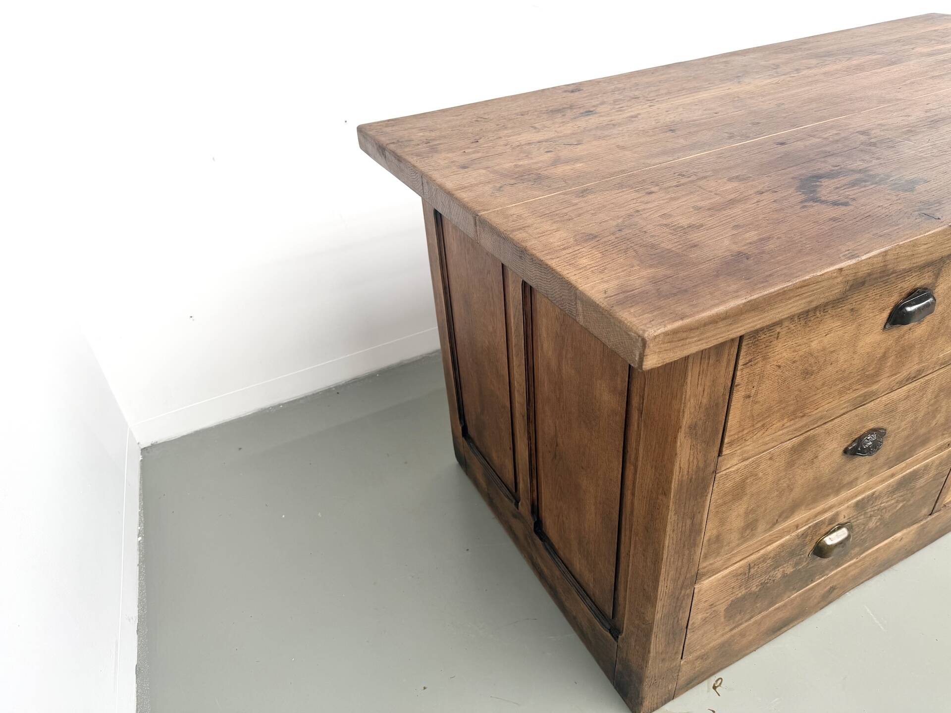 Solid oak trade counter, six drawers, France, circa 1920.