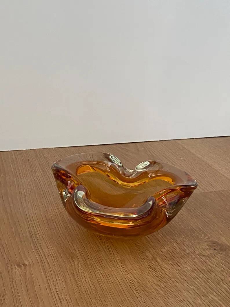 Vintage amber art glass ashtray in Murano style, sculptural free-form hand-blown bowl, glass catchall, Mid-Century Italy.