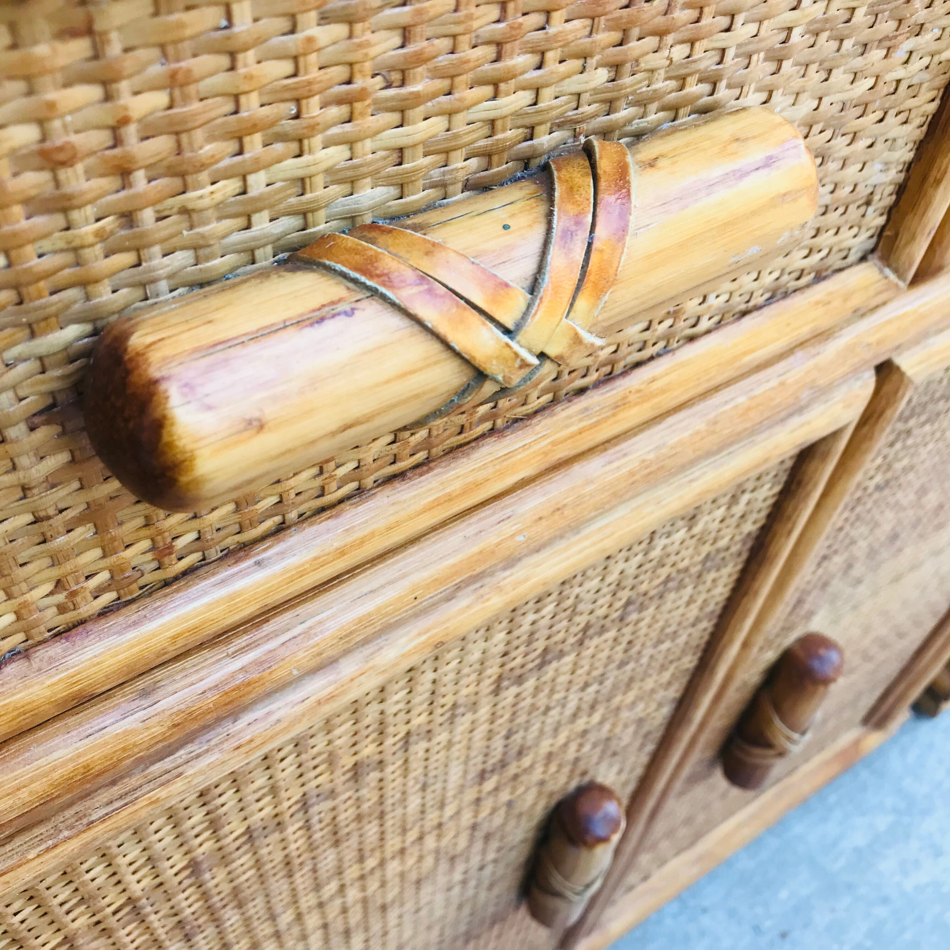 Pair of sideboards in rattan and wicker braided vintage 1970.