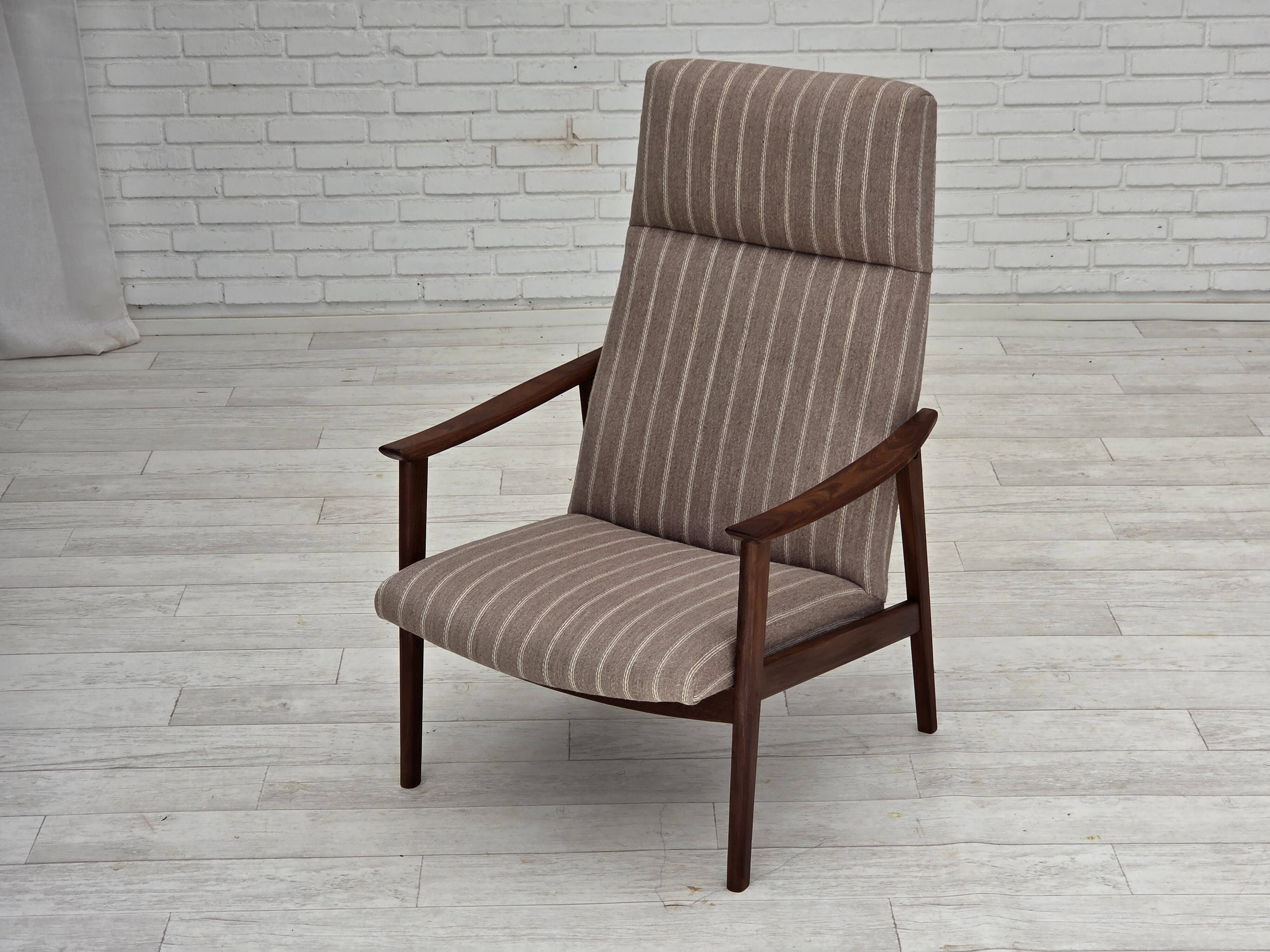 1970s, Danish highback armchair, furniture wool, teak wood, original.