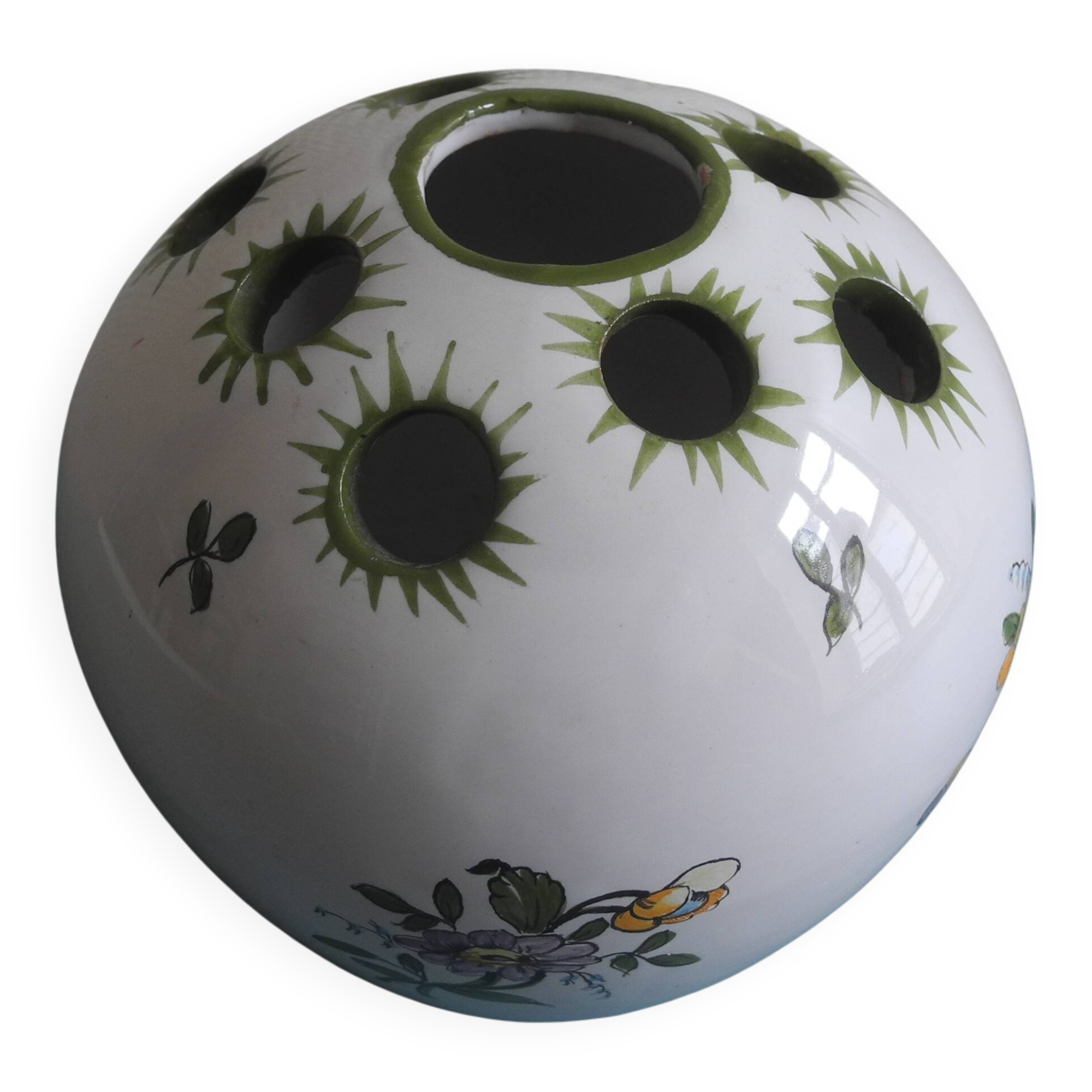 Lallier Moustiers vintage French vase bouquetière with floral decoration in faience.