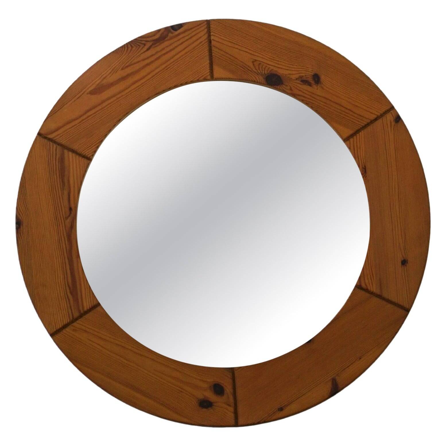 Large round wall mirror in solid pine by Glasmäster Markaryd, Sweden, 1960s.