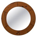 Large round wall mirror in solid pine by Glasmäster Markaryd, Sweden, 1960s.