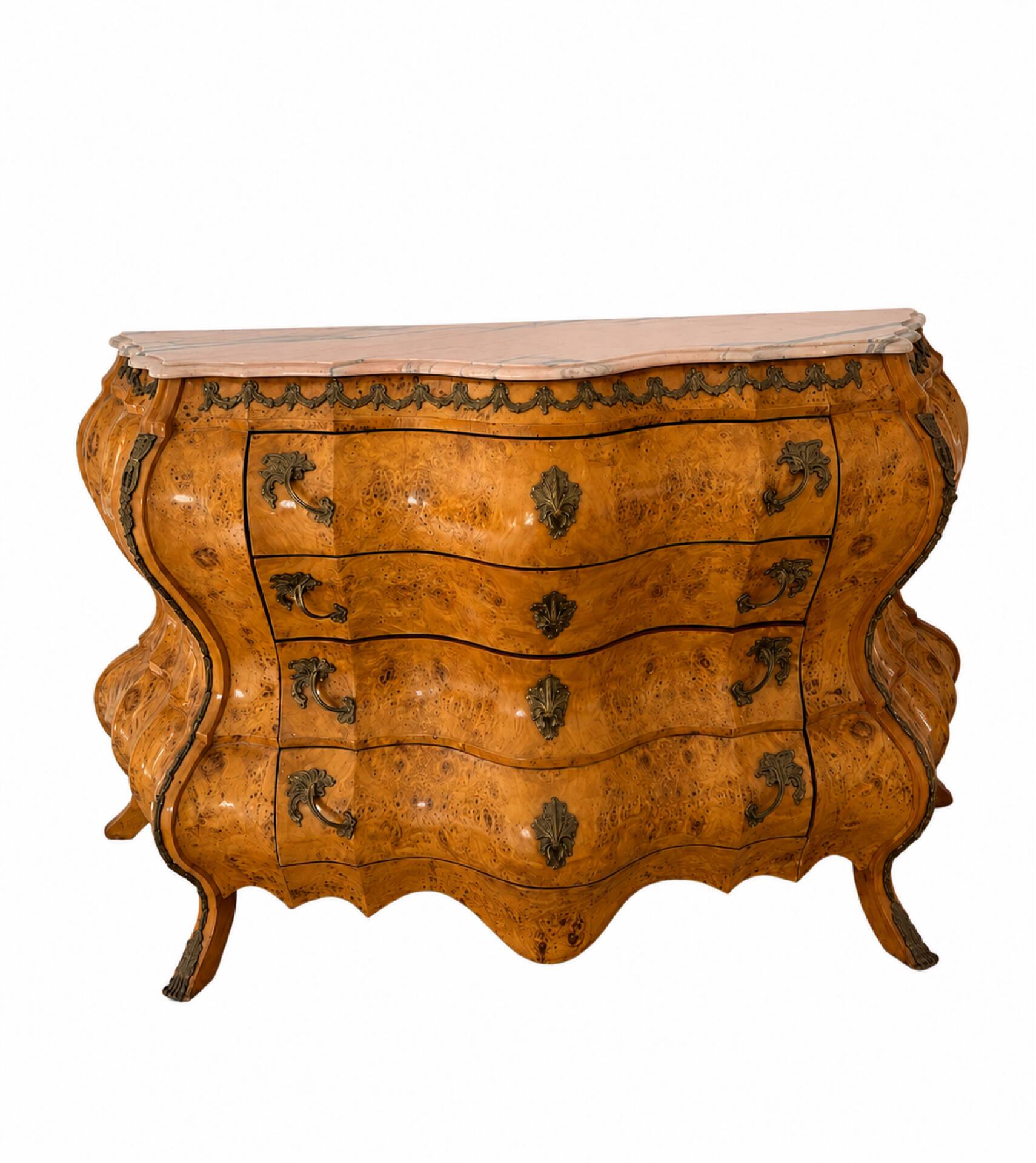 Grande commode bombée Louis XIV/Régence en loupe, bronze & marbre rose