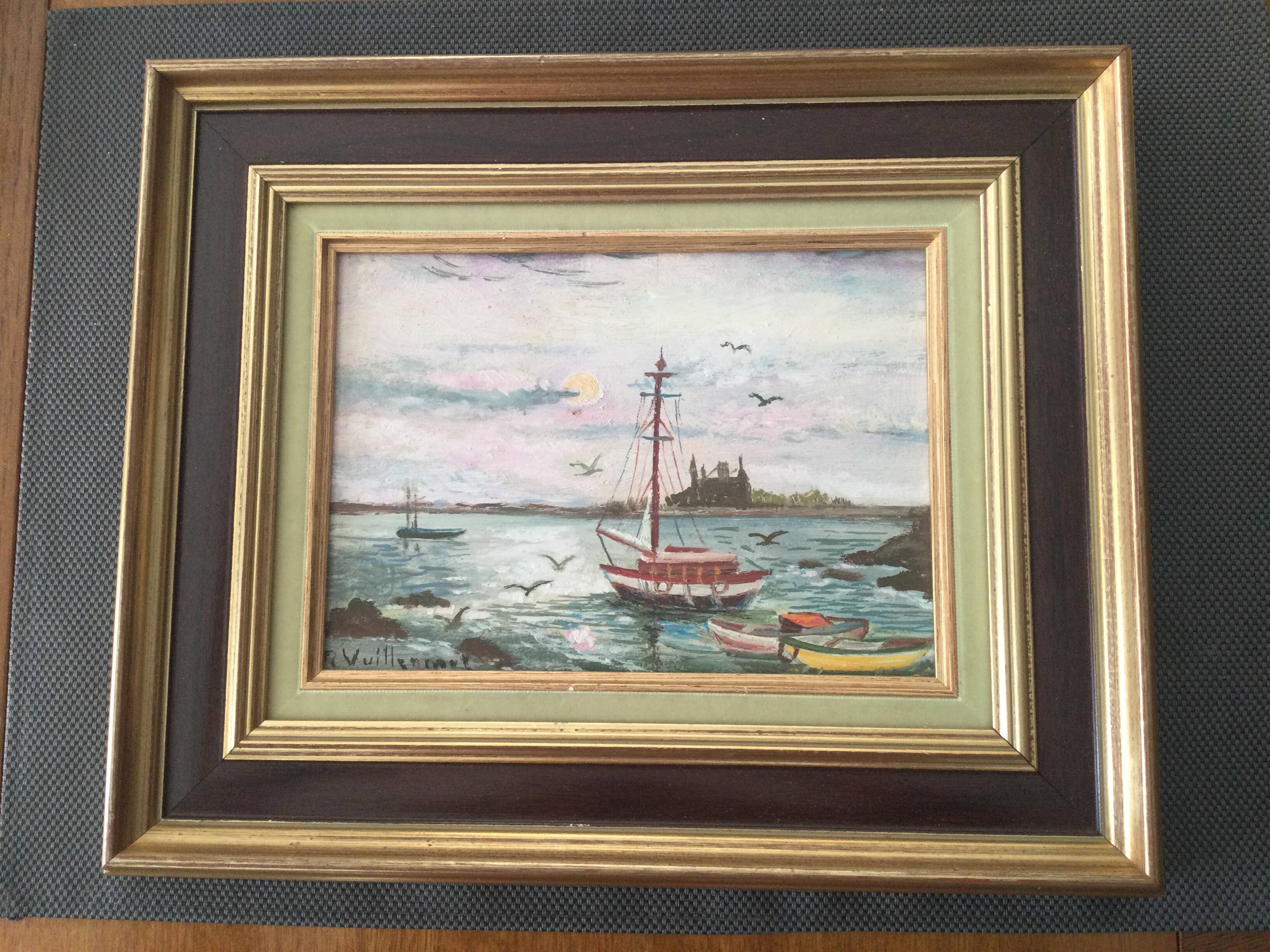 Marine on wood signed reine vuillermet