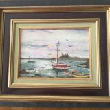 Marine on wood signed reine vuillermet
