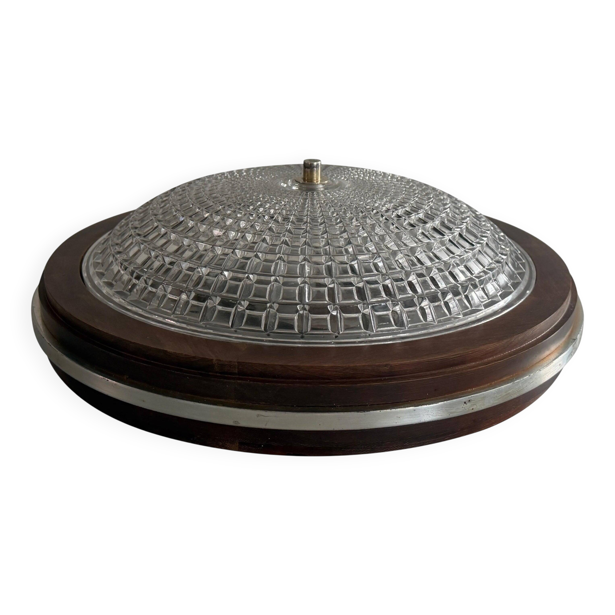 Flush mount in glass crystal and mahogany wood base, 1960s, Switzerland