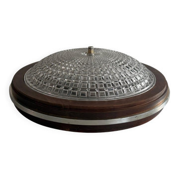 Flush mount in glass crystal and mahogany wood base, 1960s, Switzerland