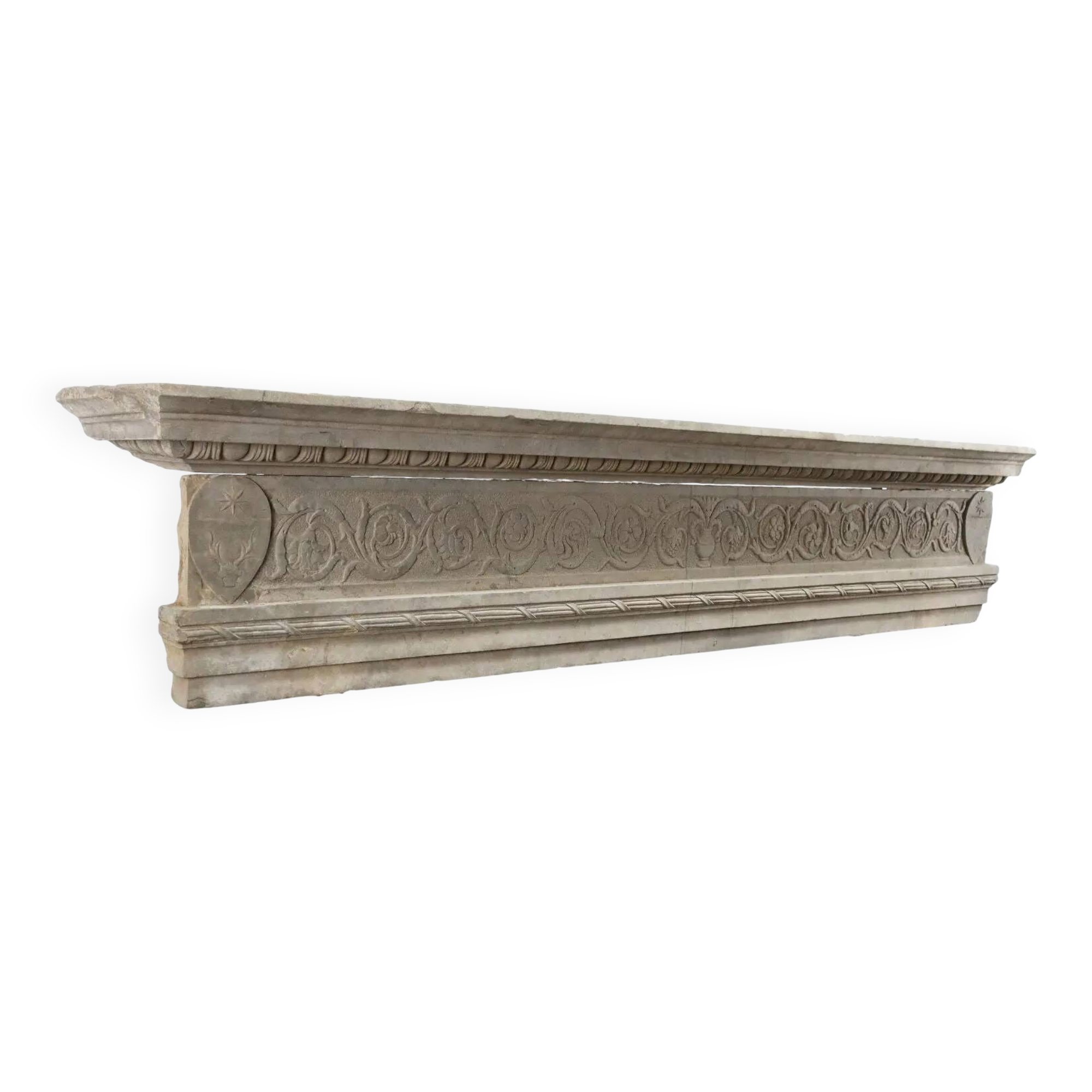 Ancient Renaissance fireplace lintel in pietra serena stone, 15th century.