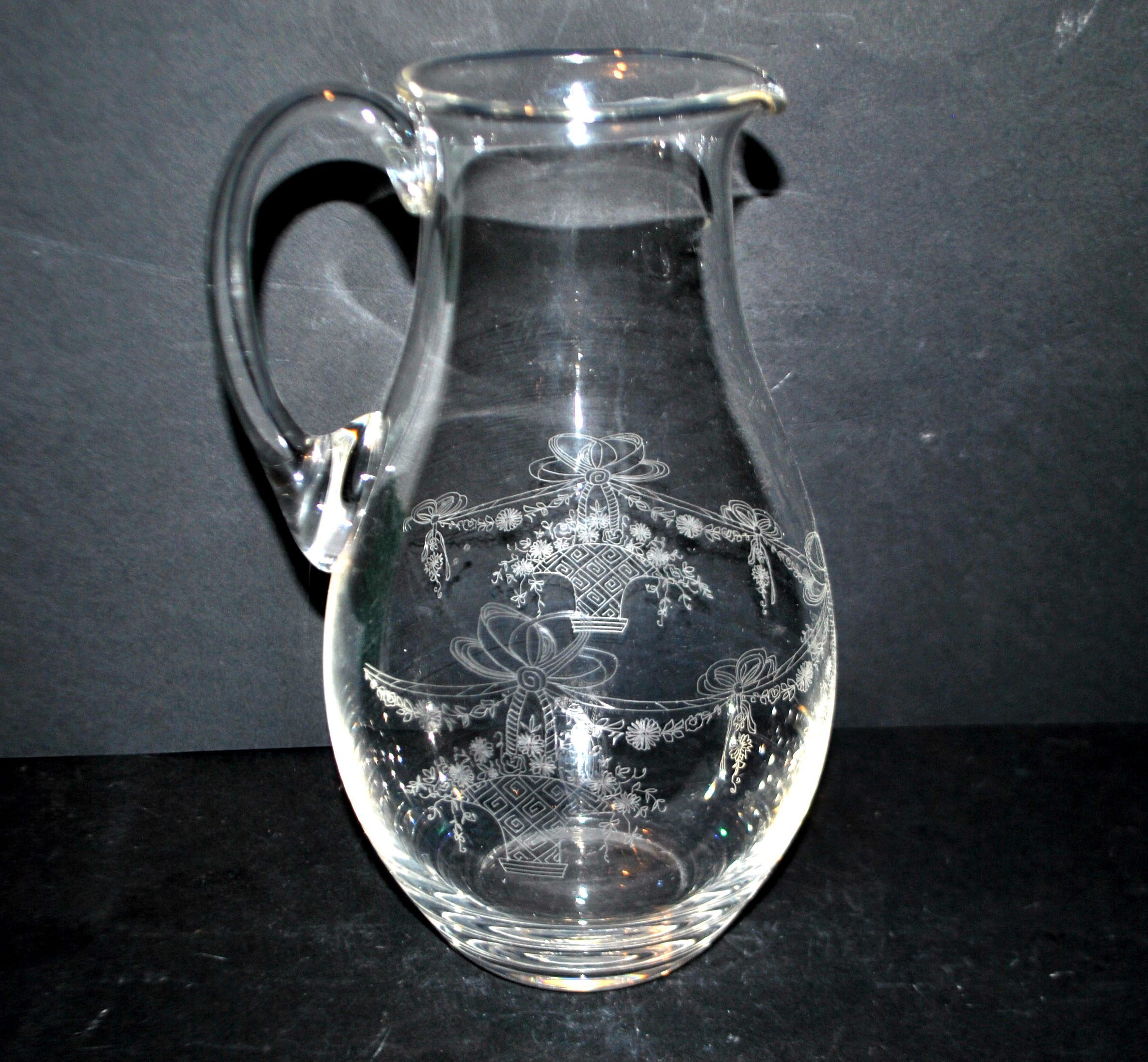 Antique Louis XVI ribbon basket carafe pitcher acid etching pantogravure
