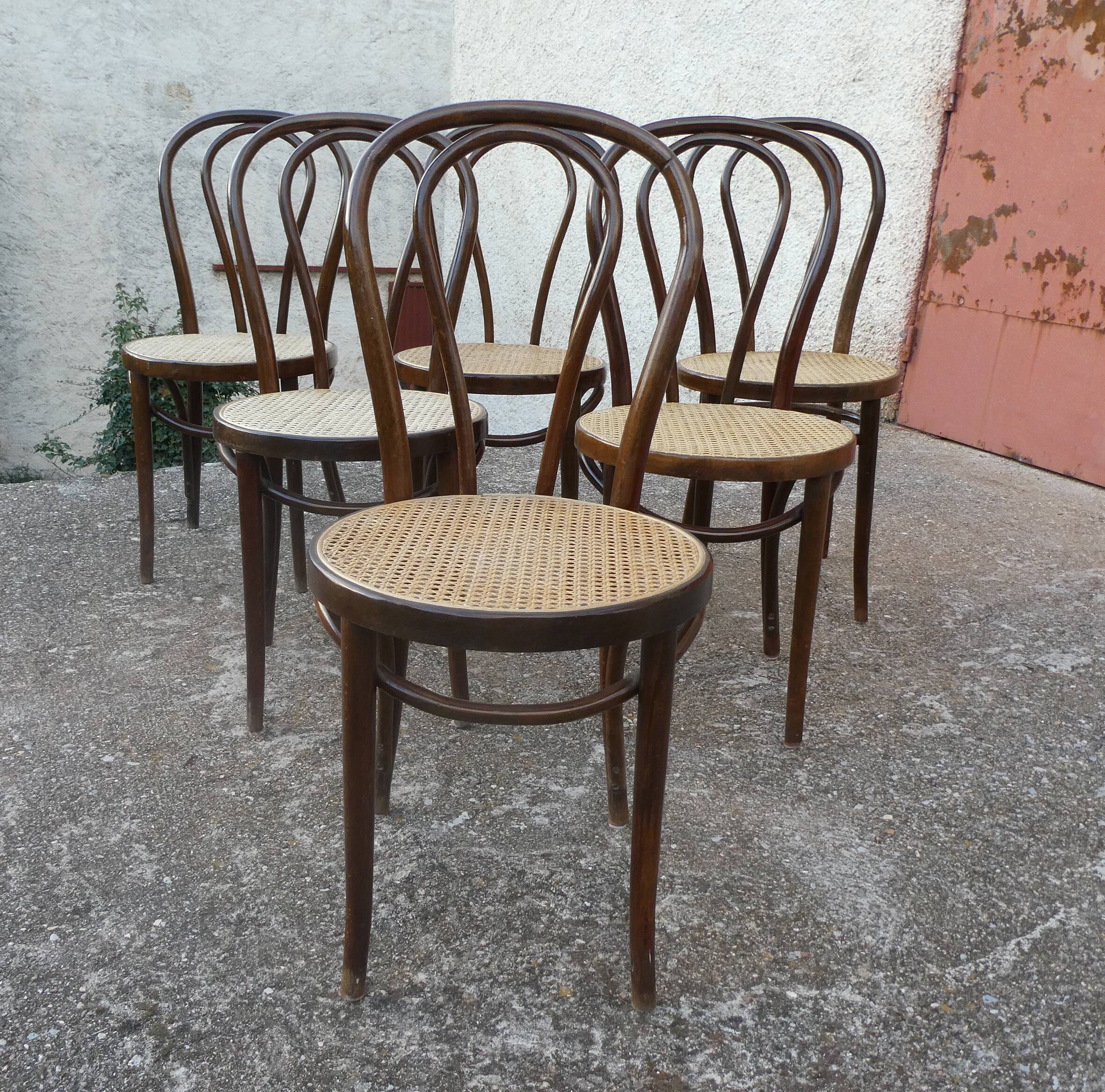 Set of 6 bistro chairs canned in curved wood N°18