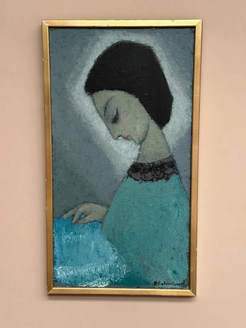 Original Swedish oil on canvas – "Lady" by Helge Holmlund – Signed – vintage and framed – 65 × 36.5 cm (25.6" × 14.4")