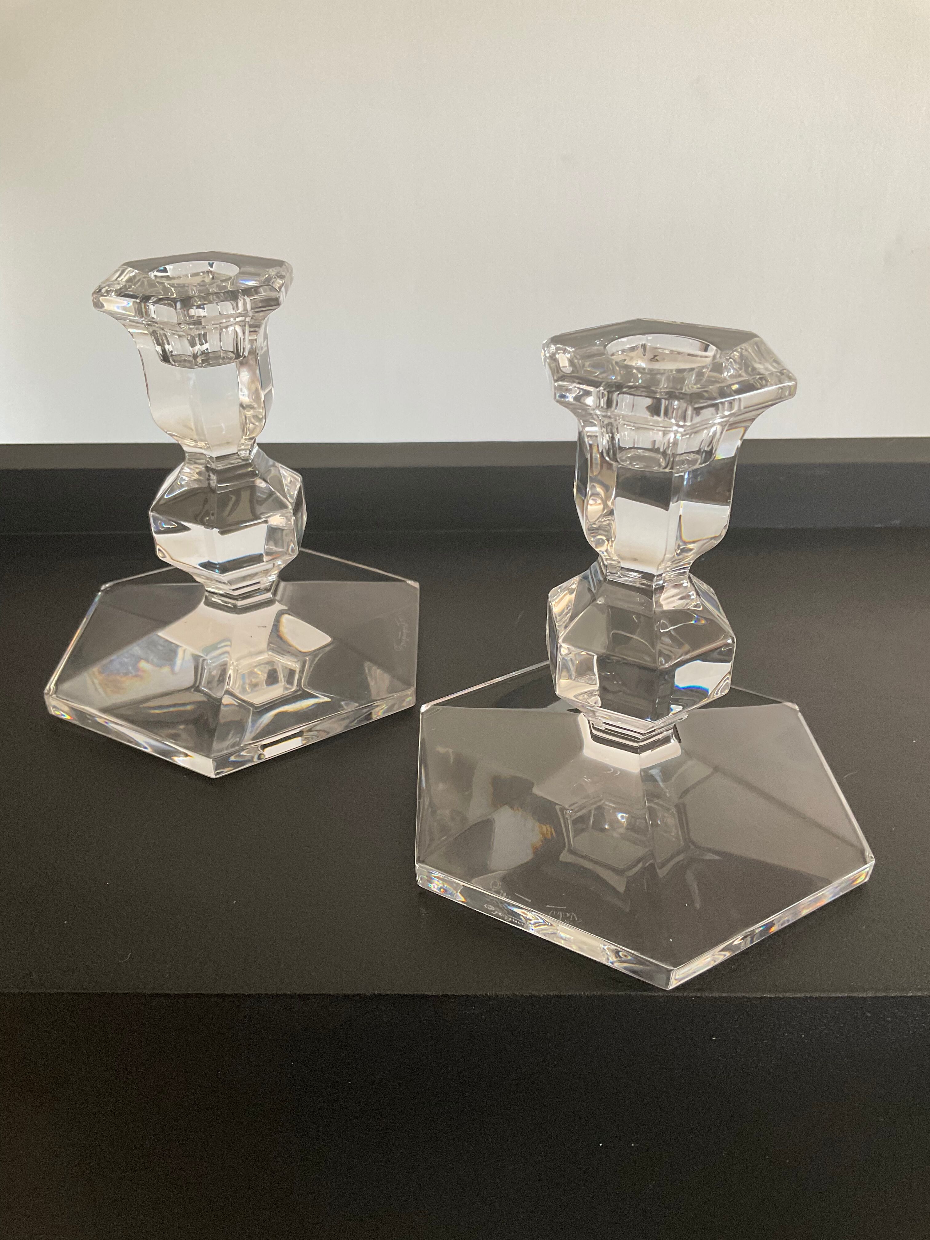 Pair of Val Saint Lambert crystal candle holders