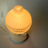 1970s bedside lamp with lampshade made of glass and plastic stand, vintage