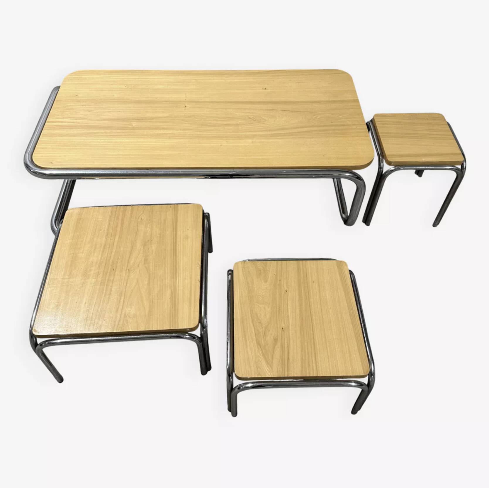 Set of 4 nesting coffee tables from the 70s, metal and solid oak.