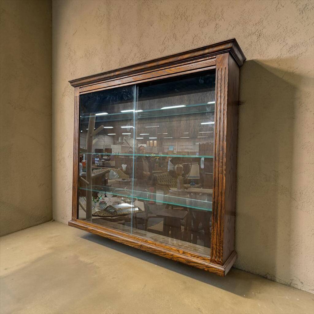Vintage shallow wall display cabinet in wood / shelf