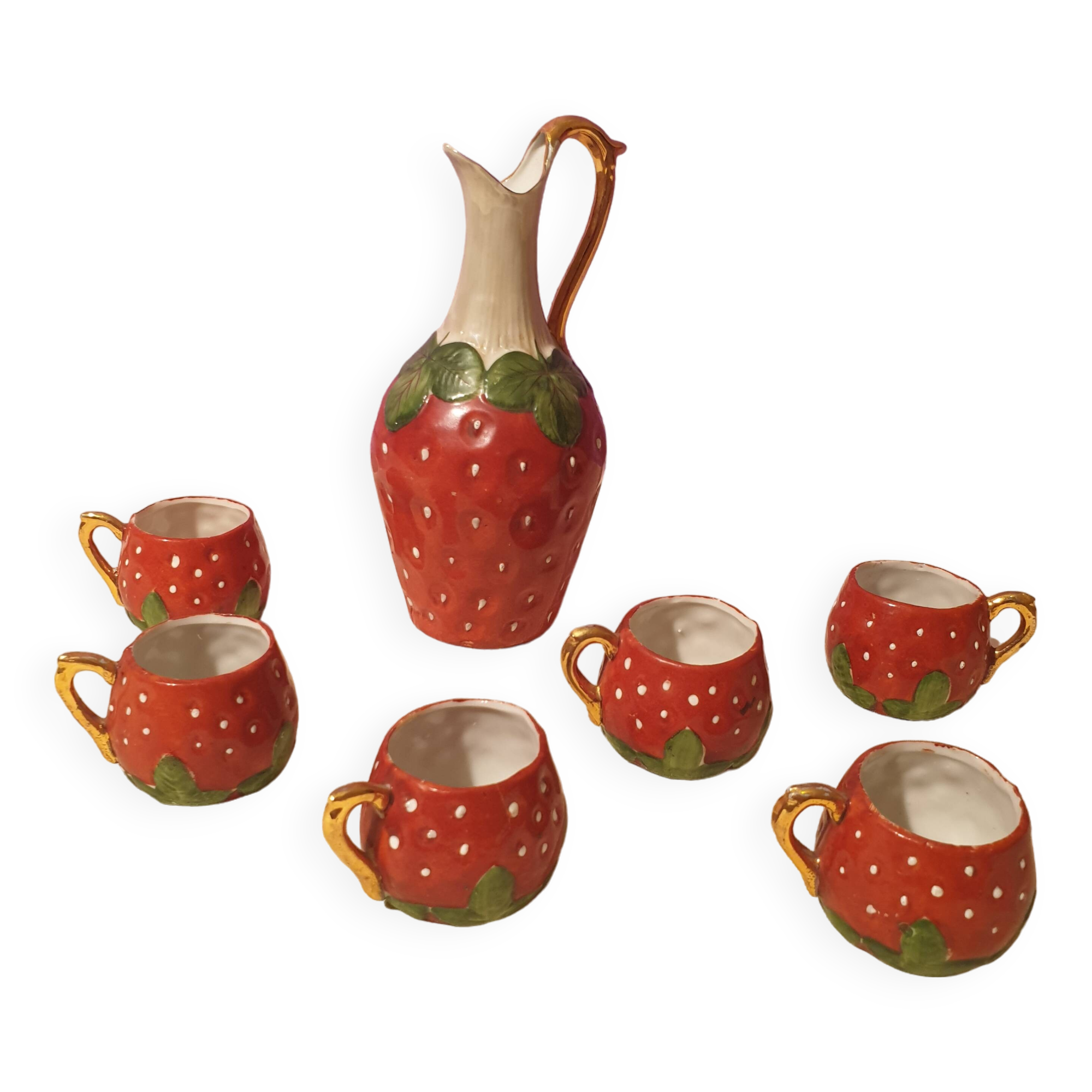 Old strawberry liqueur service carafe 6 small porcelain cups biscuit barbotine
