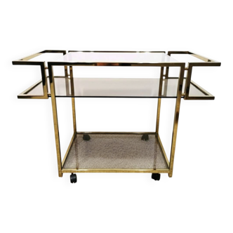 Vintage Brass and Smoked Glass Rolling Bar Cart