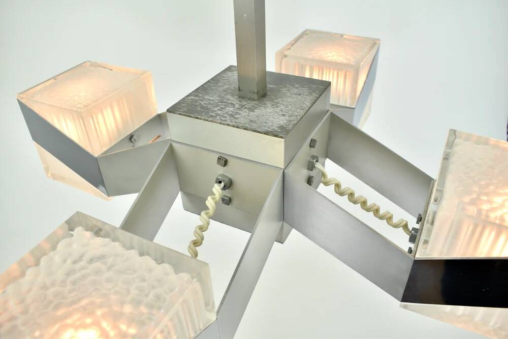 1970s Cubist Chandelier Chrome Glass Mid Century Modern