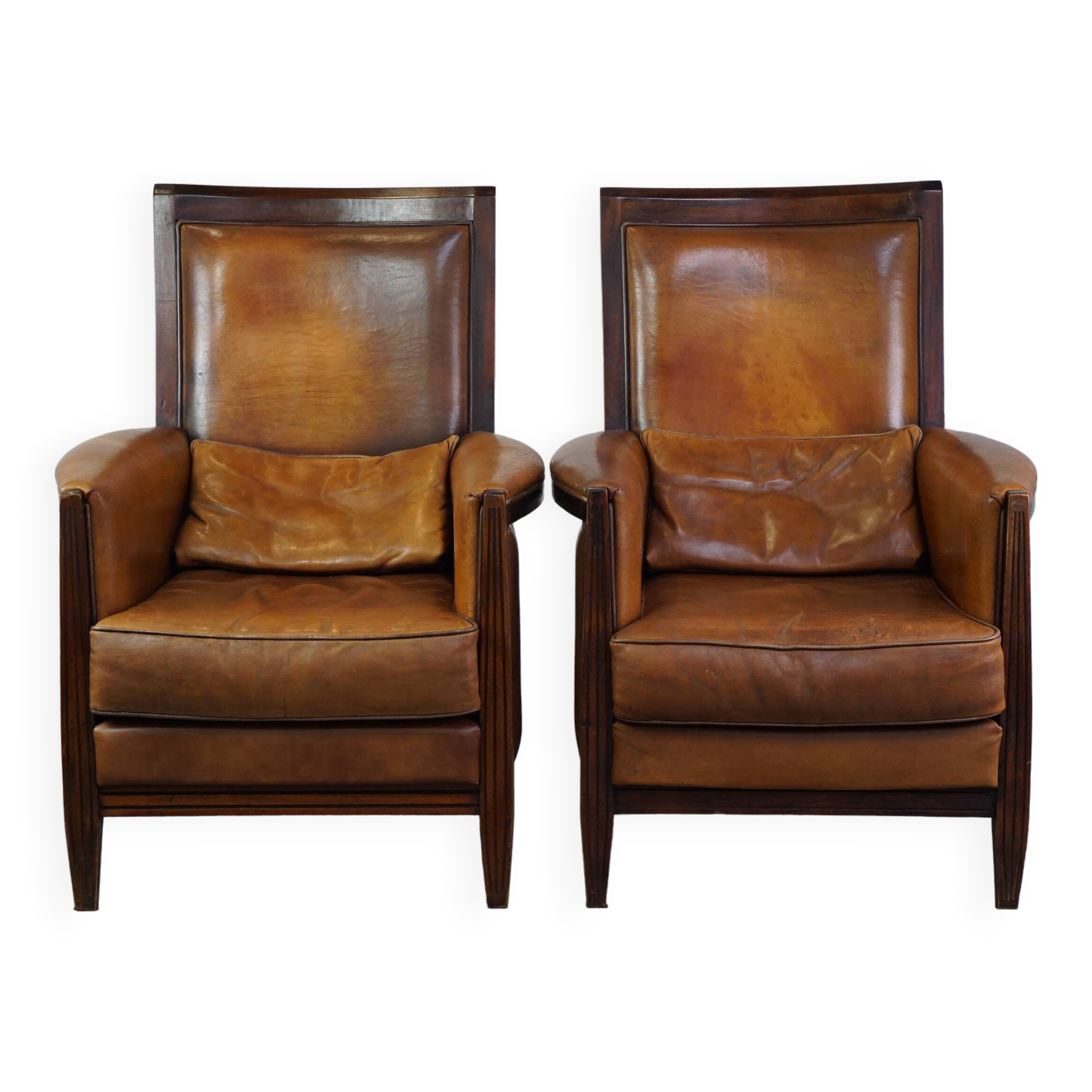 Vintage Art Deco Sheepskin High Back Armchair Set with Wood Finish