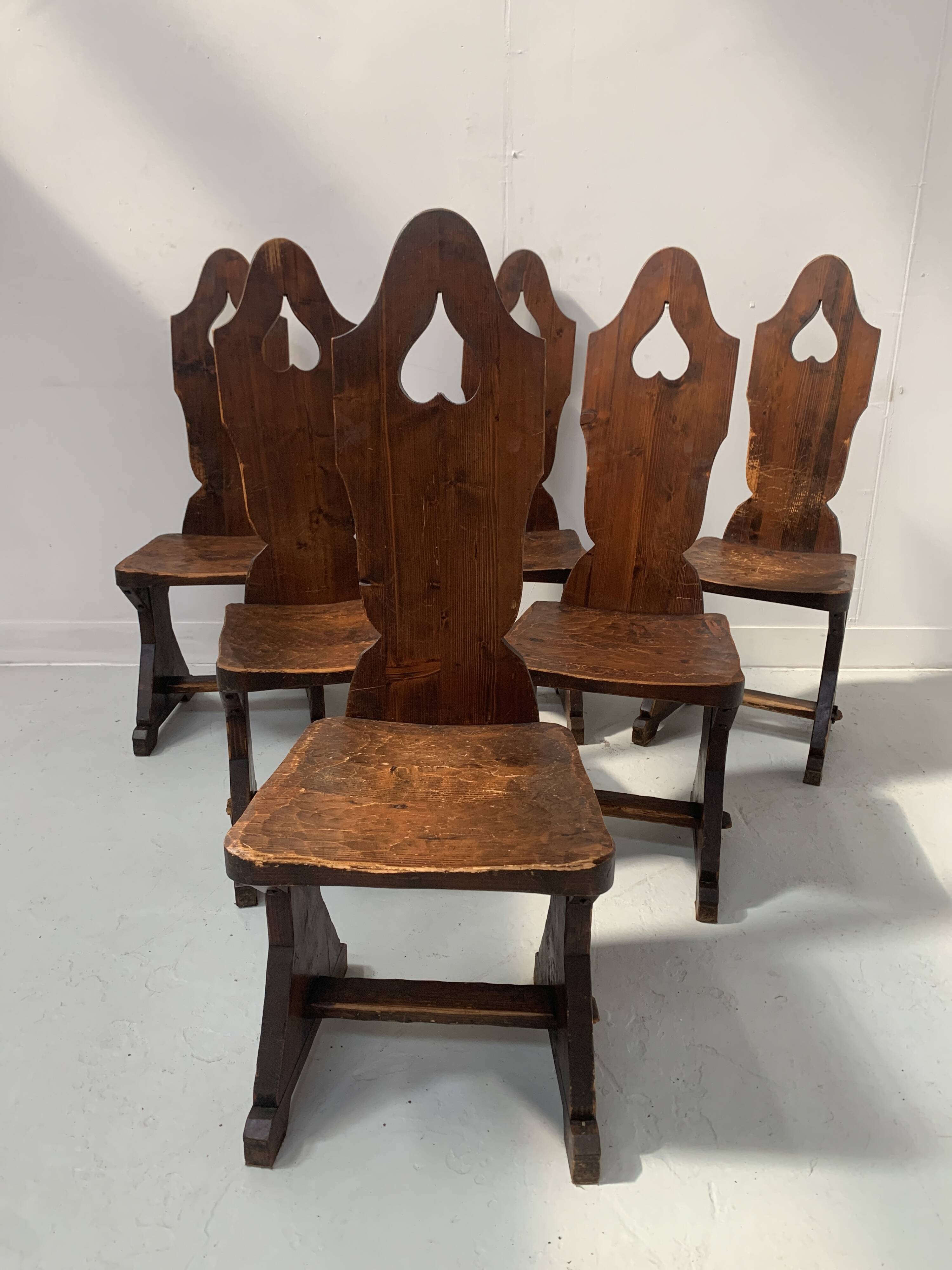 Set of six natural wood chairs "Brutalist art" 20th century