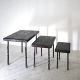 Brutalist nesting table in ebonized oak and wrought iron