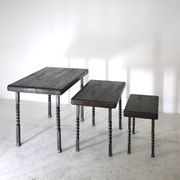 Brutalist nesting table in ebonized oak and wrought iron