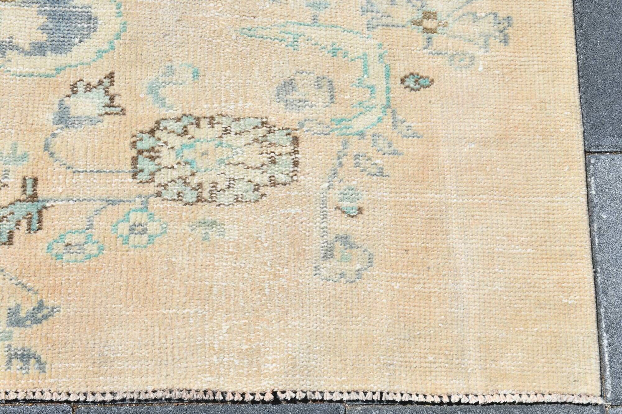 Tapis Oushak Vintage, Laine Turque Beige Pêche & Bleu Délavé, 159x227 Cm