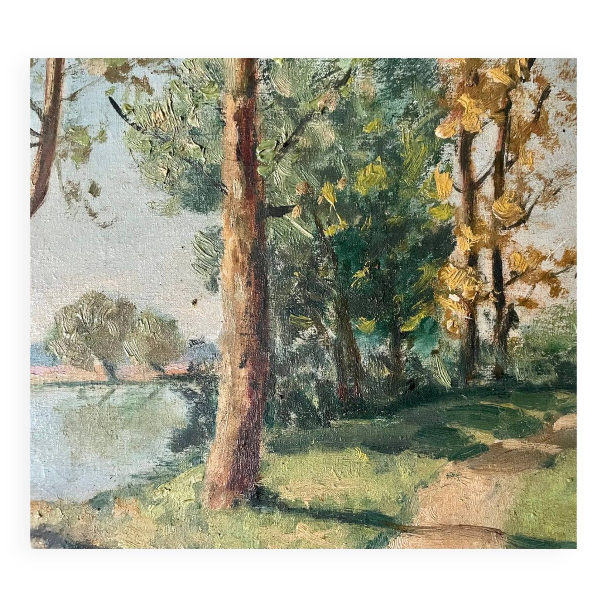 1940s French Landscape oil painting on canvas River, trees and path