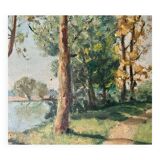 1940s French Landscape oil painting on canvas River, trees and path