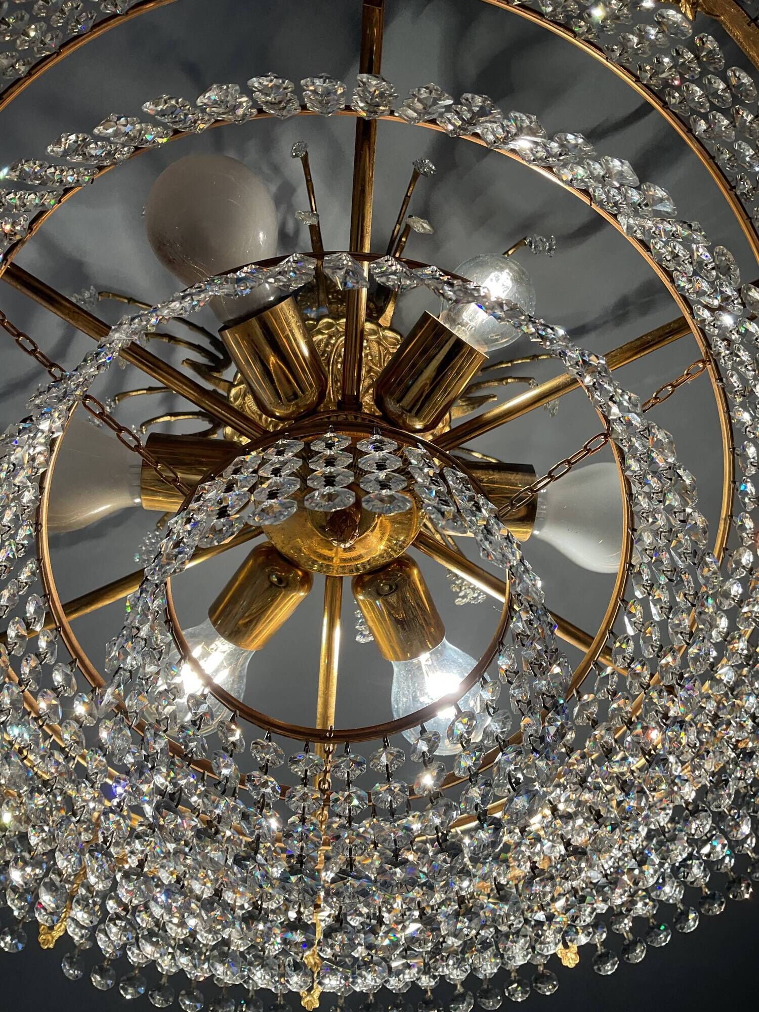 Old bronze waterfall chandelier with crystal tassels