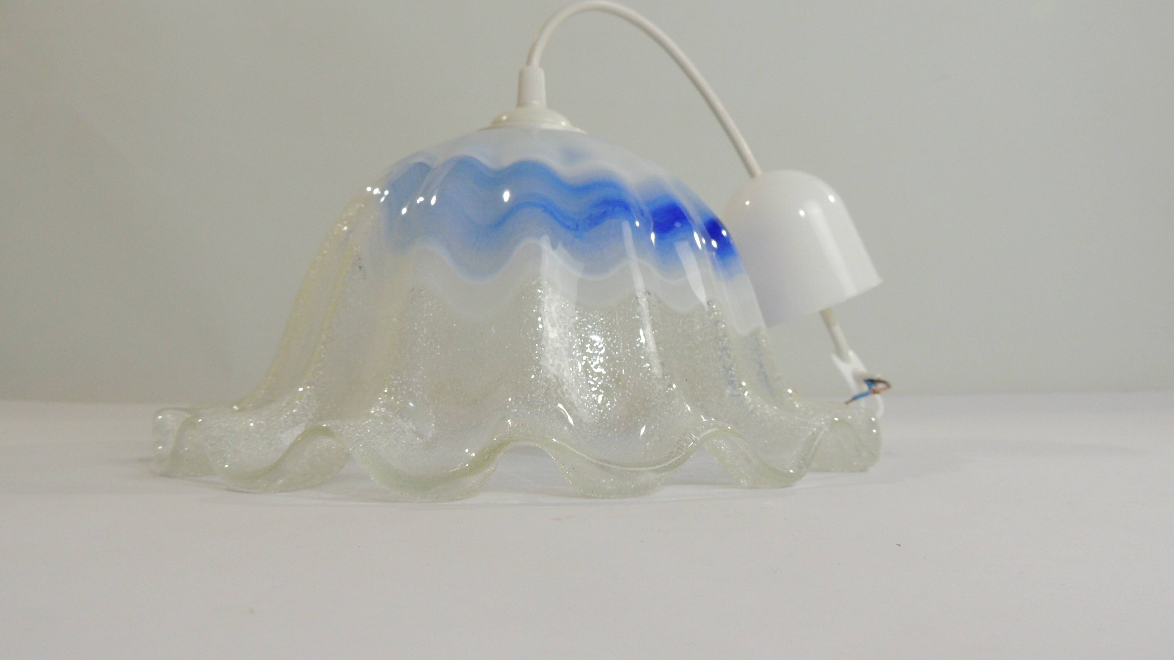 Vintage Murano blown glass suspension lamp with blue and white shell.
