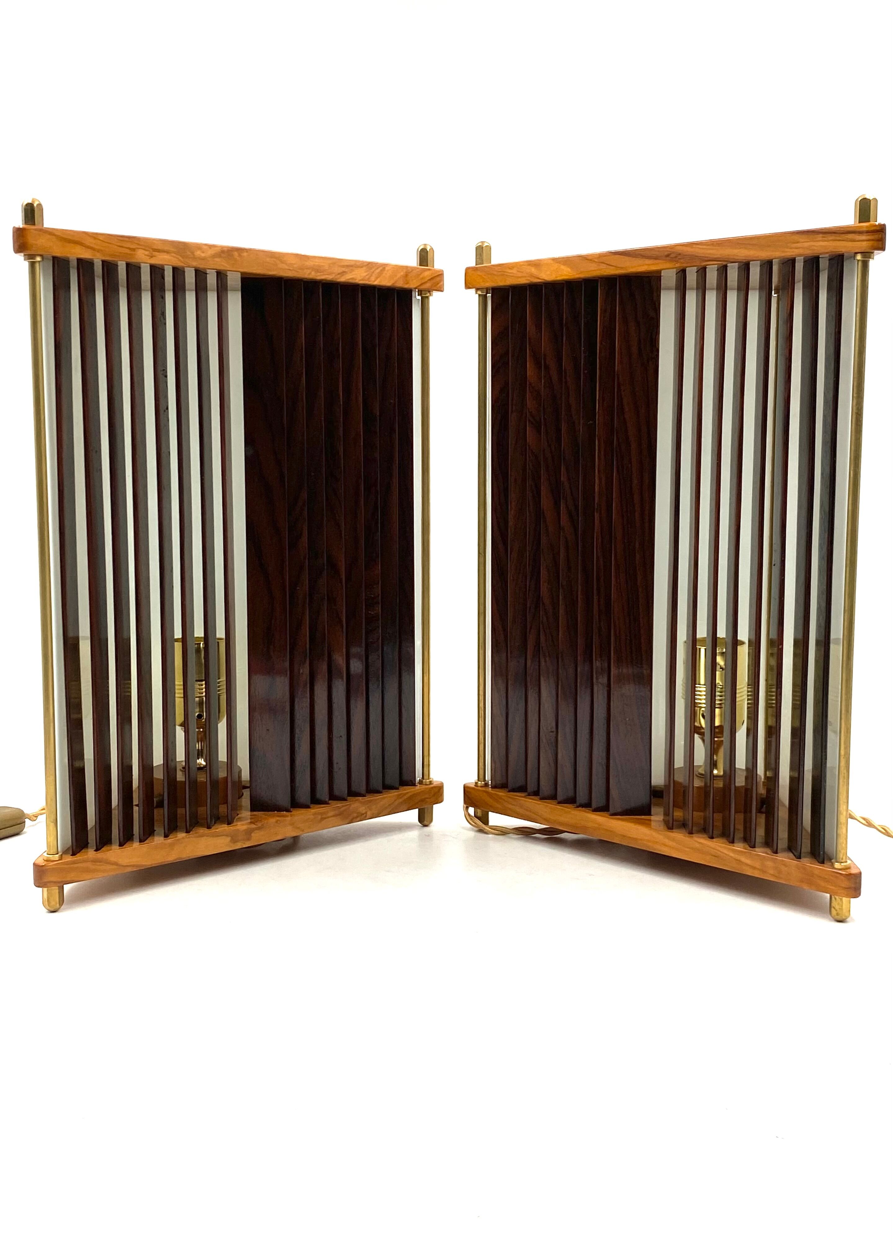 Leonardo Mosso 2 palisander and brass table lamps, Italy 1970s
