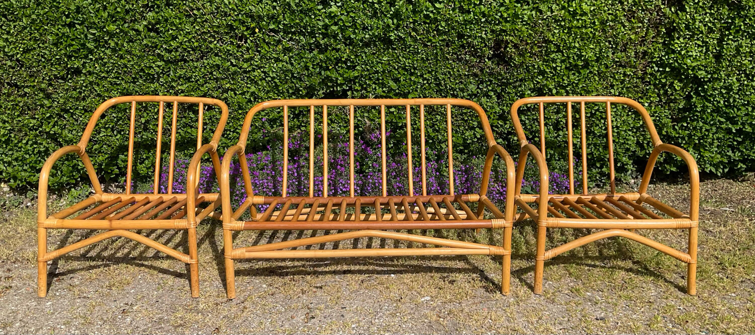 Vintage living room sofa and 2 rattan armchairs.
