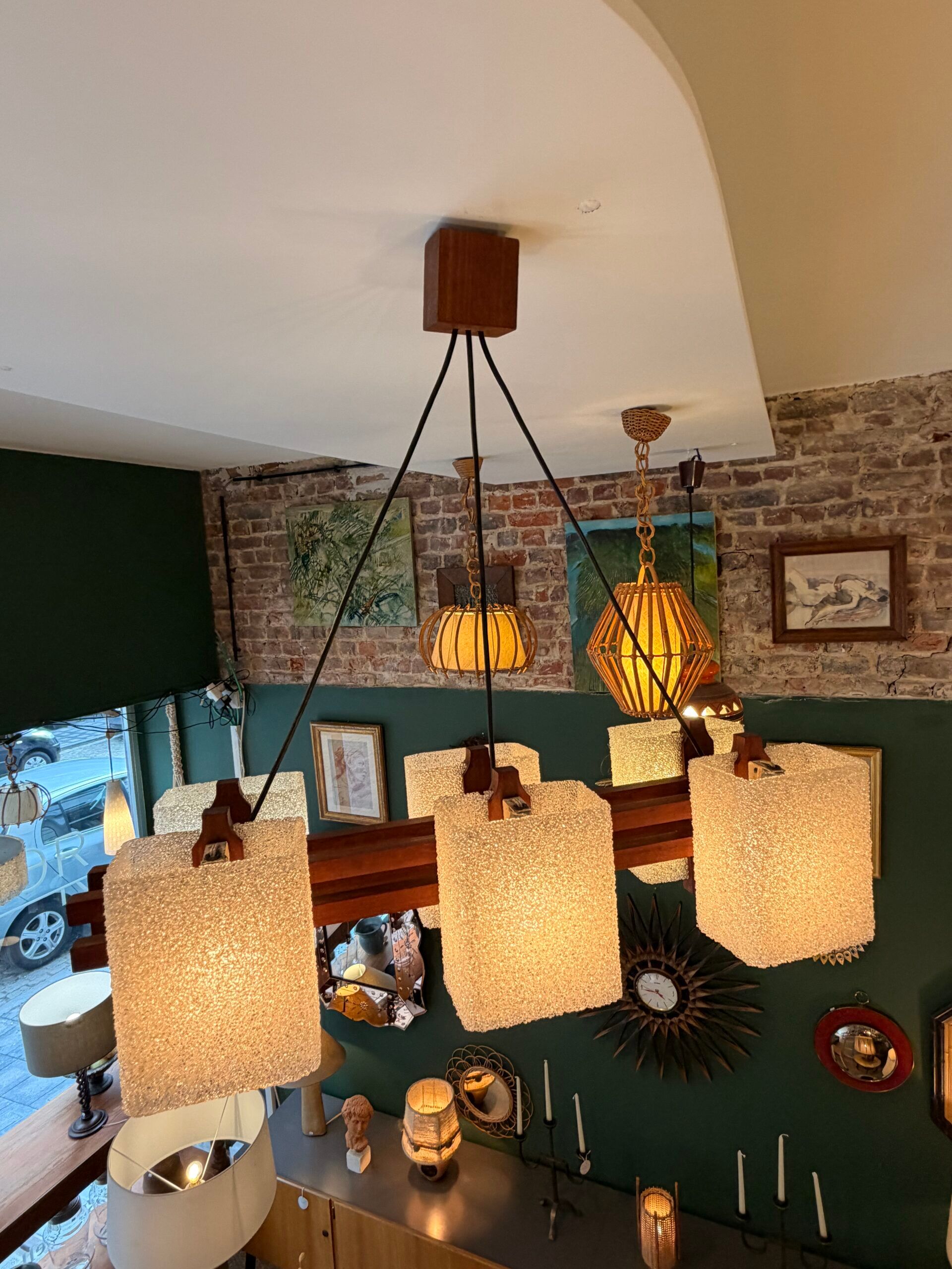 1960s Scandinavian suspension light in teak and perspex.